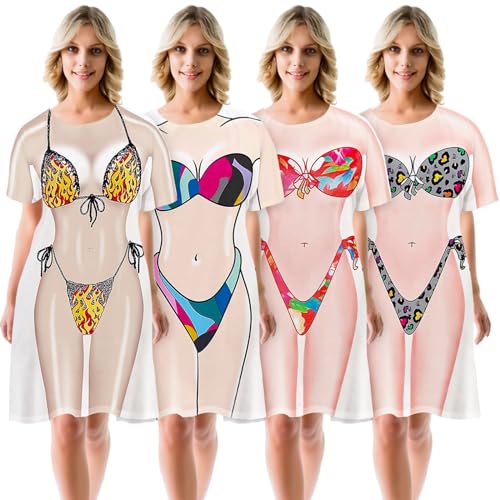 Image of Halfchet 4 Pcs Funny Cover up Women's Bikini Shirt Short Sleeve Cute Swimwear Cover up Beach T Shirt, XL Colorful