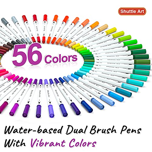 Image of Shuttle Art Dual Brush Marker Pens, 56 Colors Water-based Ink, Dual Tip Calligraphy Pens Fineliner and Brush Tip perfect for Kids Adult Artist, Hand Lettering, Journal, Doodling, Writing