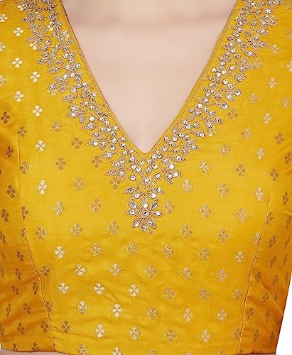 Image of Studio Shringaar Women's Brocade Embroidered V-Neck Readymade Elbow Length Sleeves Saree Blouse