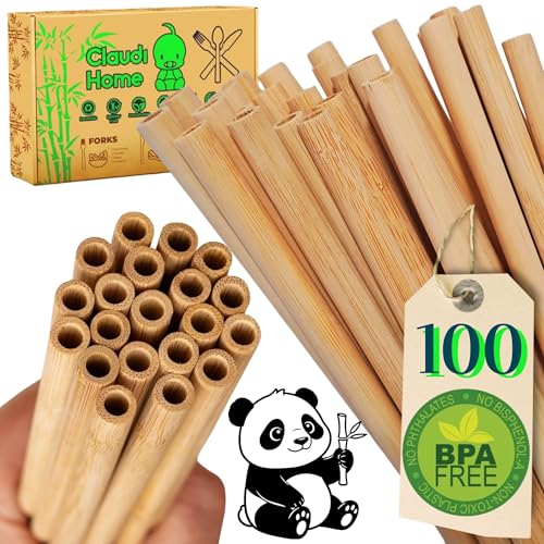 Cannucce riutilizzabili Premium in bambù naturale, confezione da 100 - Set di 100 cannucce compostabili da 20 cm x Ø8mm, + 1 spazzolino. Picnic, barbecue, feste, mojito, bar e ristoranti @Claudi Home