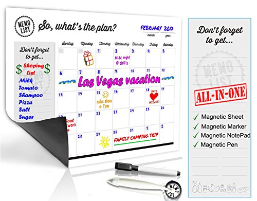 Refrigerator Calendar Kit – Includes Magnet Board/Magnetic Notepad/Magnetic Dry Erase Marker + Eraser Top/Design Magnetic Pen – Easily Write & Wipe (White)