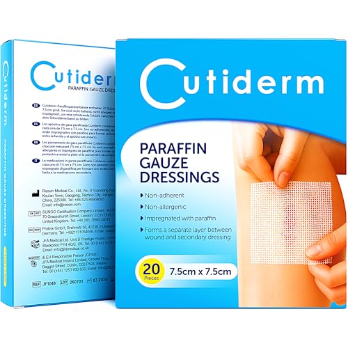 Cutiderm Sterile Paraffin Gauze Dressing 7.5cm x 7.5cm Pack of 20 - Suitable for Superficial and Partial Thickness Burns, Skin Loss Wounds, abrasions and Traumatic Injuries