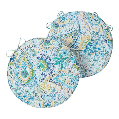 Set of 2 Outdoor 18 inch Round Patio Dining Chair Pads – Comfortable Fiber-Filled Seat Cushions with Ties, Reversible Polyester Fabric, Baltic Paisley
