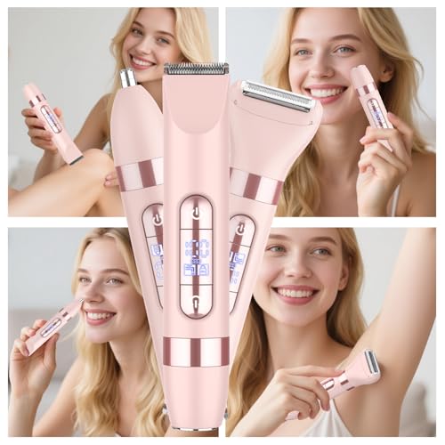 Hatteker 4-in-1 Women's Electric Razor, Dual-Head Body Hair Trimmer for Women, IPX7 Waterproof Rechargeable Bikini Trimmer & Facial Hair Remover for Legs, Armpits, Face, Nose, Eyebrows, Pink