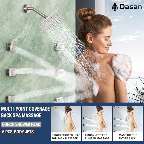 Sistema de Ducha Termostática Dual Dasan con 6 Jets Corporales, Ducha de 6 Pulgadas y Lluvia de 16 Pulgadas, Set de Grifería de Lujo en Níquel Cepillado para Parejas miniatura 3