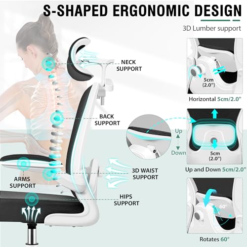Image of Drafting Chair, Tall Office Chair with 3D Lumbar & Head Support, Ergonomic Mesh Standing Desk Chair with Footring, Comfy Extended High Desk Chair with Flip-Up Arms & Hanger,White