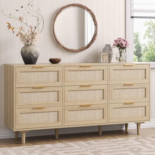 59'' Boho 9 Drawer Dresser for Bedroom, Modern Rattan Dresser with Golden Handles, Sturdy Wood Legs & Anti-Tipping Design, Wood Closet Organizer Storage Cabinet with 9 Drawers
