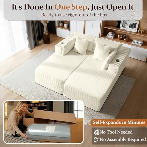 Image of 72 inch Cloud Sectional Couch, Comfort Sleep Sofa for Living Room, Extra Deep Seats No Assembly, Minimalist Modular Couch, Corduroy (Cream, Loveseat Chaise)
