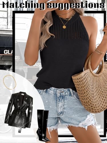 Image of ChiaoLezhee Women's Summer Knit Tank Tops, Racerback High Neck Lightweight Sweater Vest, Dressy Casual Outfits