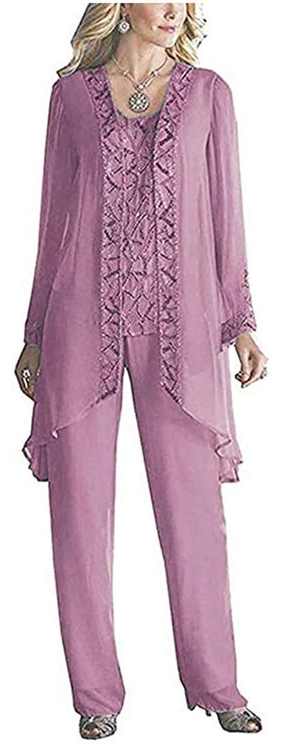 Mother of The Bride Dress Beaded Chiffon Outfit 3 Pieces Pant Suits Formal Evening Gowns Mauve