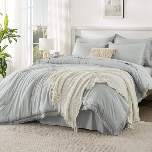 Image of Andency Oversized King Comforter Set with Sheets 120x120 Light Grey - 7 Pieces Boho Tassel Bed in a Bag Soft Lightweight Bedding Sets, Fringe Bed Set with Comforter, Sheets, Pillowcases & Shams