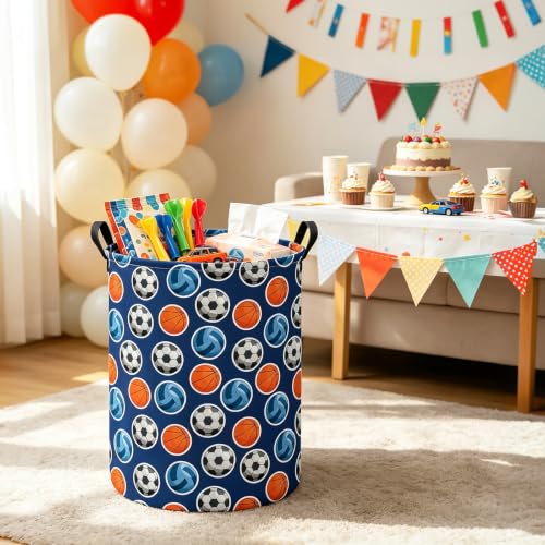 Image of Round Laundry Basket Collapsible Storage Hamper Organizer Ball Sports | Waterproof Canvas Foldable Baskets with sturdy Handles Multi-scene Organizer for Home Play Bedroom Gift Bin