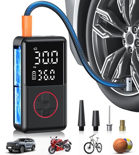 JUSUOX Tire Inflator Portable Air Compressor, Air Pump for Car, 150PSI Portable Tire Inflator, Mini Bike Pump with Pressure Gauge, LED Light for Cars, Bikes, Motorcycle, Balls(Red)