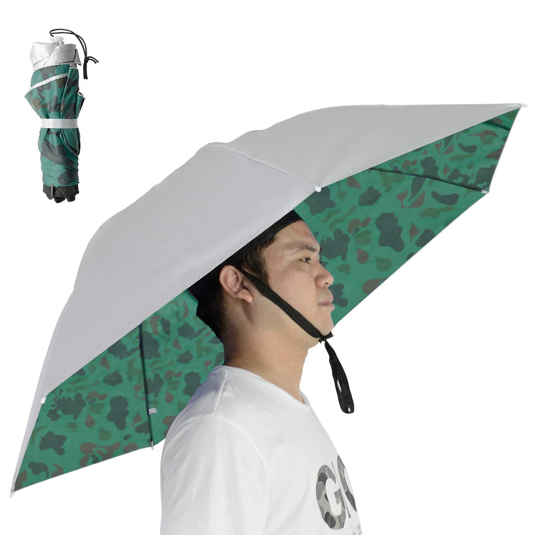 NEW-Vi Fishing Umbrella Hat Folding Sun Rain Cap Adjustable Multifunction Outdoor Headwear (Silver/Camouflage(Single layer) 2Pcs)