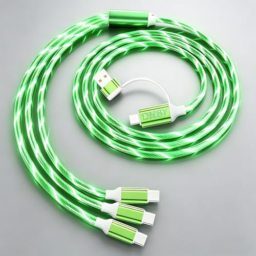 Image of 6-in-1 LED Green Flow Charging Cable, 47-inch USB Cable, Supports Simultaneous Charging & Data Transfer, Flexible Tangle-Free PVC, Multi-Device Compatible, Charges 3 Devices at Once.