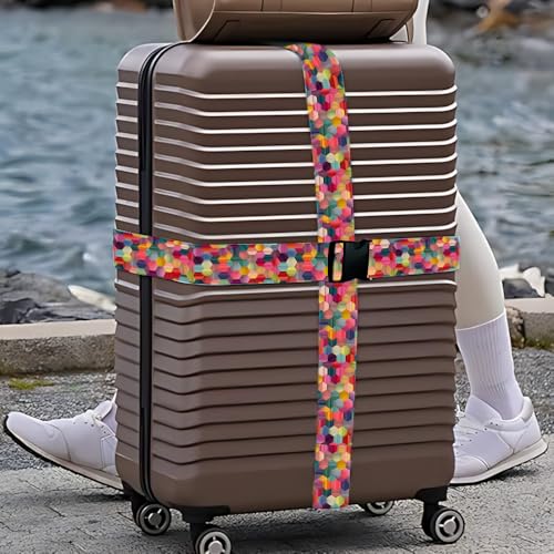 Image of Colorful Luggage Straps 2 Pack - Geometric Hexagon Pattern Suitcase Belts with Quick-Release Buckle, Spring Summer Travel Accessories