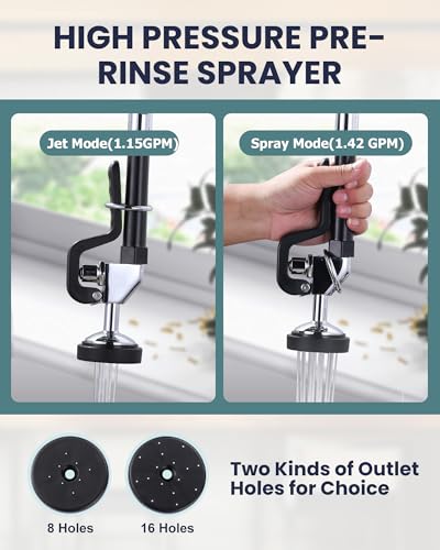 Image of 36 inch Height Commercial Faucet Wall Mount with Sprayer 8 inch Adjustable Center 10 inch Swing Spout, Kitchen Sink Faucet with Pull Down Pre-Rinse Sprayer for Restaurant Industrial Kitchen, Chrome