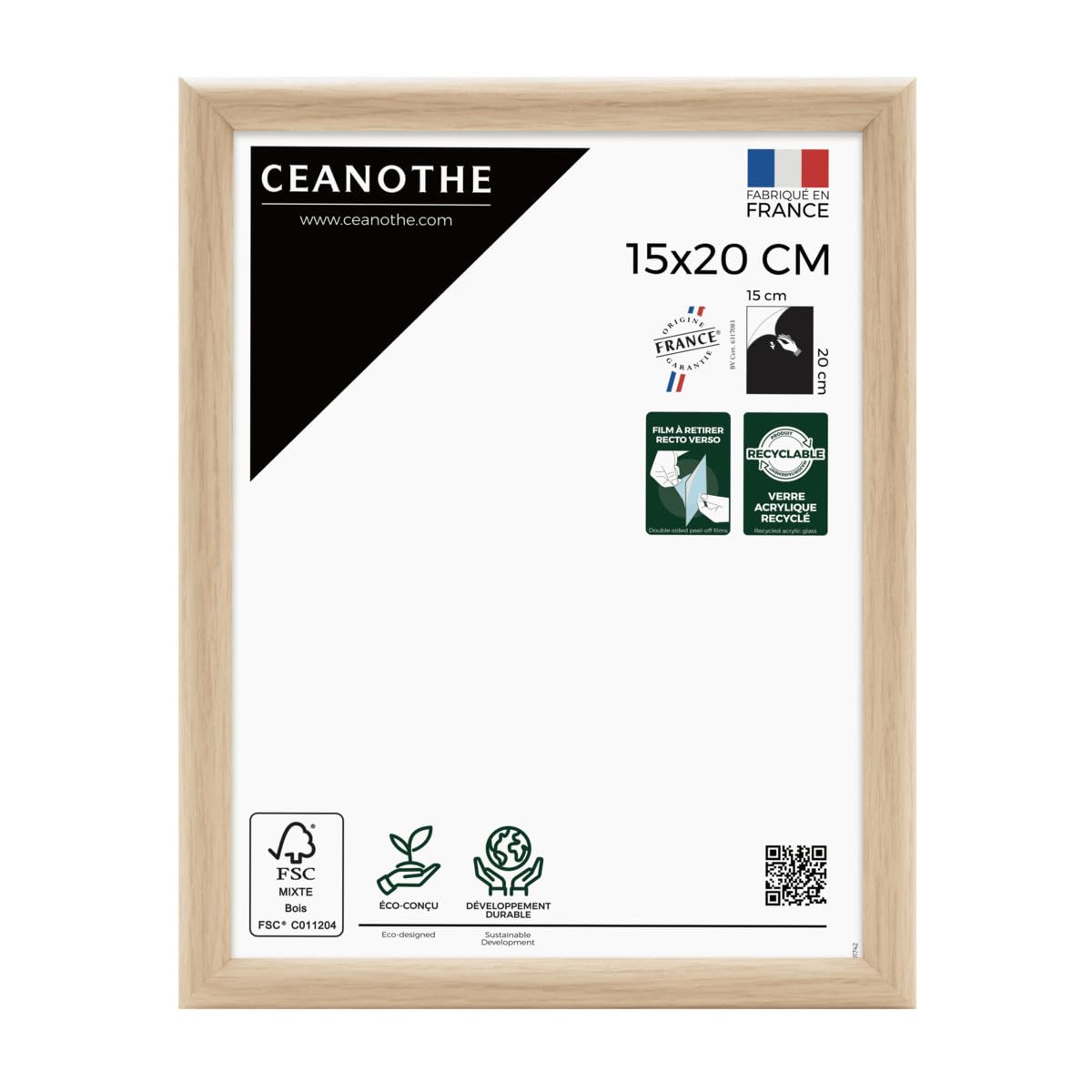 Ceanothe Cadre Photo 15x20 cm Bois Clair Naturel, Pour Exposition et Idéal pour Portrait Bureau et A5, Collection Essentiel Verre acrylique Incassable Fabriqué en France