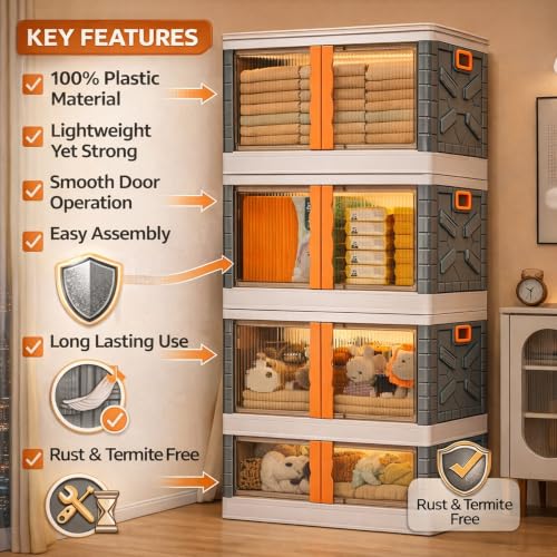 Image of BAMEOS ๐ ๐๐๐๐๐ Foldable Plastic Storage Cabinet with Double Transparent Doors | Dustproof Storage Organizer for Clothes, Toys, Books & Baby Essentials | Multipurpose Wardrobe Storage for Home