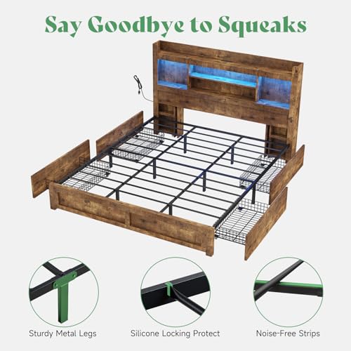 AMERLIFE Rustic Brown King Bed Frame with Storage Drawers, LED Bookcase Headboard, and Charging Station