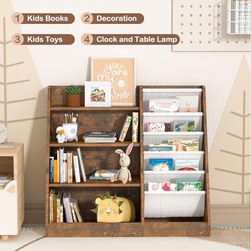HedoAjim Kids Bookshelf for Bedroom Toddler Children Baby Bookcase 4-Tier for Nursery Book Toy Storage Organizer 5 Sling Book Display Shelf Book Rack Wood Classroom Playroom Rustic Brown - Image 6