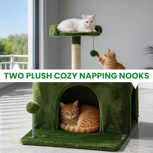 Image of 32.8inch Small Cat Tree Tower Condo for Indoor Cats, Soft Plush Multi-Level Climbing Tree Cat House with Cat Cave, Scratching Post, Sisal Rope, Green