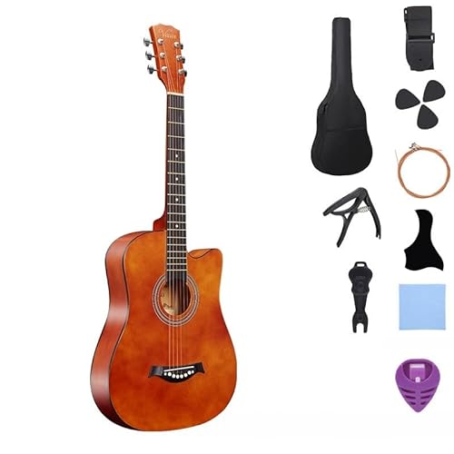 LumingLight初心者向けアコースティックギター10点セット、学生や大人に最適、38インチ初心者、練習用アコースティック弦、チューナー付き(ピンク) (コーヒー色)