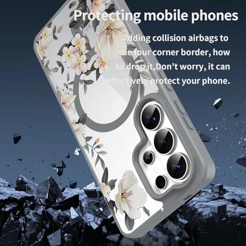 Image of VONZEE Compatible with Samsung Galaxy S26 Ultra 5G Case Luxury Retro Flowers Floral Clear for Magnetic Wireless Charging Case Shockproof PC+TPU Cute Glossy Shiny Cover for Girls Women, Grey