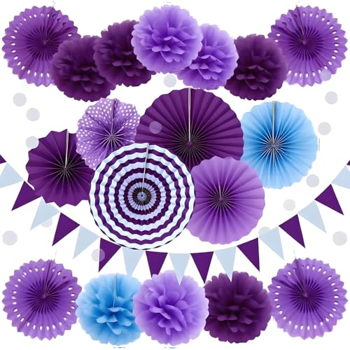 Image of XIKSXITN 12 pc Purple Tissue Paper Pom poms in 3 Colors-Hanging Paper Flowers Ball for Party Decorative