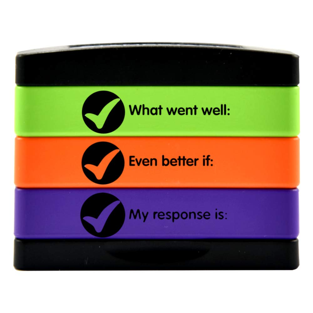 SuperStickers Multi Message 3-in-1 Stamp Stack for teachers: What Went Well/Even Better If/My Response Is in green