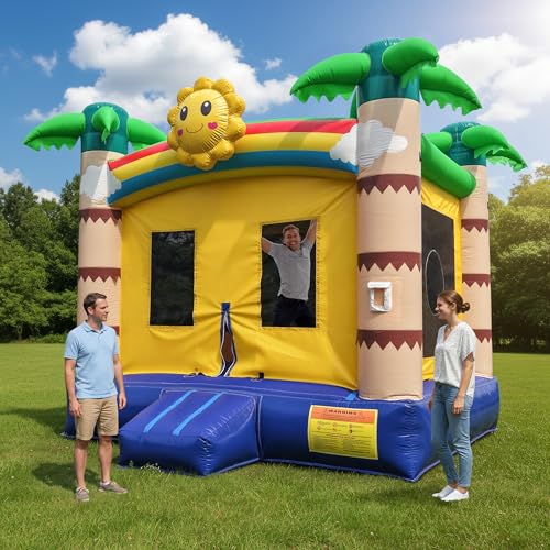 Inflatable Commercial Grade Bounce House: 13FT(L) Large Bouncy Castle for Adults and Teenagers - 750W Blower, Basketball Hoop, Premium PVC, Tropical Style - for Backyard Outdoor Indoor