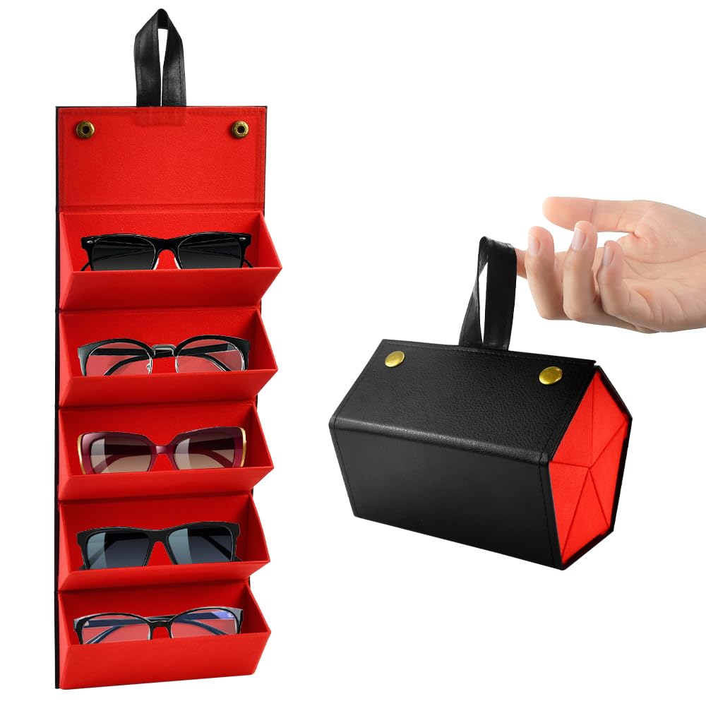 CAREDGO Estuche de Gafas para Viaje Caja para Guardar Gafas de Sol de 5 Ranuras Estuche Potátil para Gafas de Sol de Cuero PU Funda de Gafas para Viaje para Colgar en Pared, Negro y Rojo