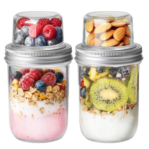 Image of ComSaf Overnight Oats Containers with Lids (16OZ+4OZ, 2PCS) On-The-Go Dual-Laryer Yogurt Parfait Cups with Dry and Wet Separation Mason Jars for Chia Pudding Cereal Nut Fruit Meal Prep Salad