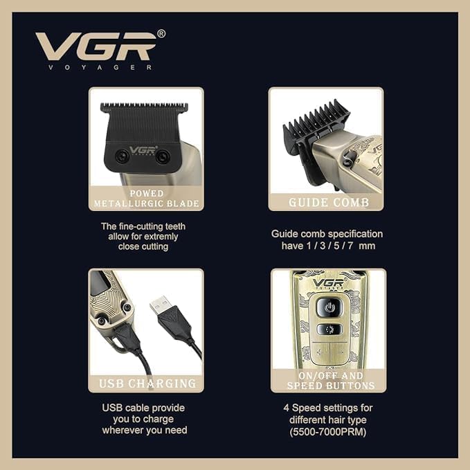 VGR V-901 Features: Blade, Combs, USB, Buttons