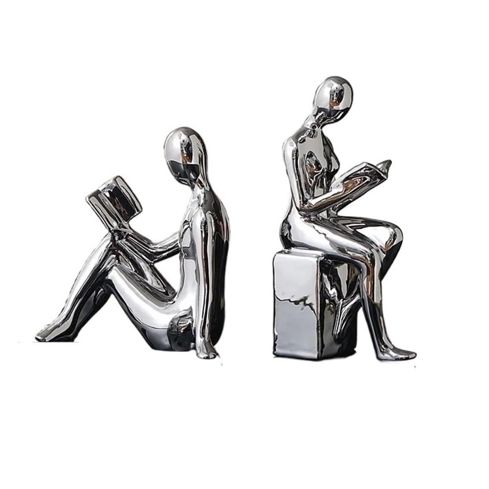 1Set/2Pcs Ceramic BlockBook Shelf Stopper Holder Bookend Desktop Study Room Ornament Sculpture Bookends(Silver)