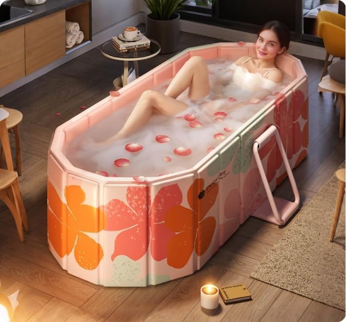 Image of Portable Foldable Adult Bathtub for Home, Large Plastic Soaking Tub with Drain Pipe, Freestanding Spa Bath Tub for Hot & Cold Bath, Balcony & Small Bathroom Use (Peach Blossom)