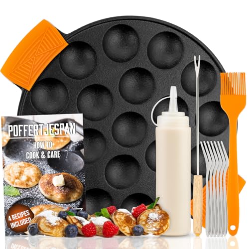 IRONO Sartén de Hierro Fundido para Mini Panquecas   Panquequera Pancakes   Sarten 19 Mini Panqueques, Poffertjes, Crepes,Tortitas   Incluye Cepillo de Mantequilla, Tenedor, asas, Botella para la Masa