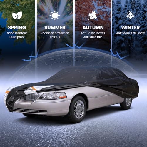 Image of Multi-Layer Car Cover Custom Fit for Lincoln Town(1998-2011), 100% Waterproof All Weather for Automobiles, Gift with Towel, Heavy Duty Car Covers for Rain Sun UV Protection with Door Zipper.