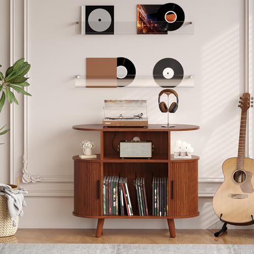 GarveeHome Large Round Record Player Stand with Charging Station and USB Ports, Rustic Vinyl Record...