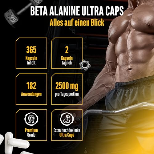 Beta Alanin Ultra Caps - 365 Kapseln - Hochdosiert mit 1250 mg je Kapsel - Beta Alanin Aminosäure mit 99% Reinheit - Ohne unerwünschte Zusätze