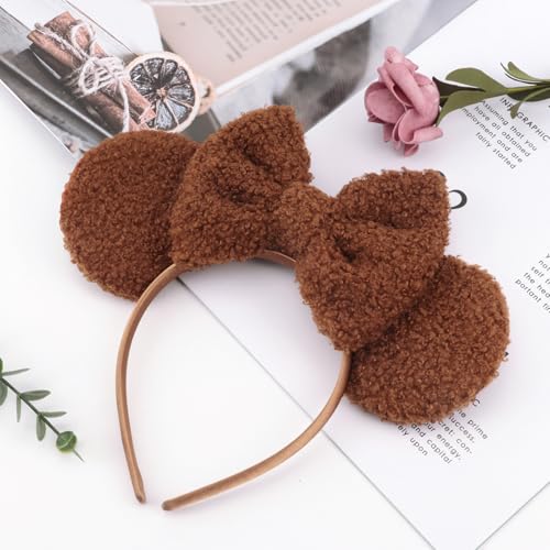 Image of DRESHOW Wool Mouse Ears Bow Headbands Fluffy Hair Bands Bow Hairband Soft Plush Headwear Party Decoration Cosplay Costume for Women