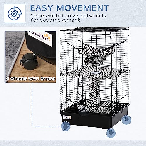PawHut 42" Ferret Cage, Small Animal Habitat Metal Pet Cage with Wheels Brakes, Hammocks, Hanging Tunnels, and 3 Doors, Black - Image 4