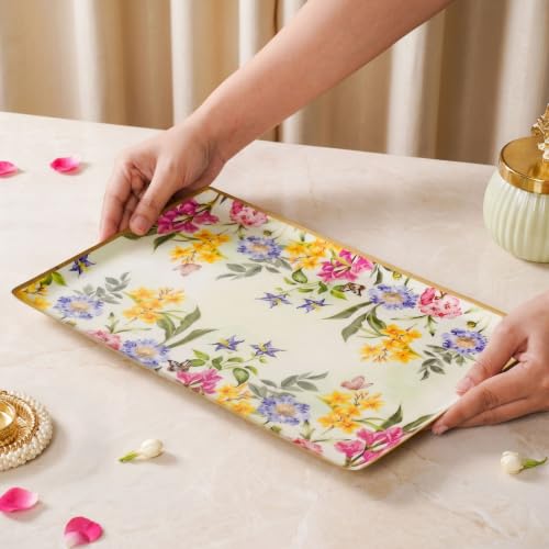 Image of Nestasia Serving Tray with Gift Box (33cm x 23cm) - Elegant Floral Print Platter with Golden Rim for Decoration & Gifting | Food Safe, Rust-Resistant & Premium Finish Tray - Perfect for Home Decor