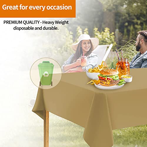 Image of Party Dimensions Gold Plastic Tablecloths, 12 Pack, 54 x 108 Rectangle | Disposable Waterproof Plastic Table Cover for Birthdays, Weddings, Graduations, Picnics & BBQs, Indoor Outdoor, 6-8 ft Tables