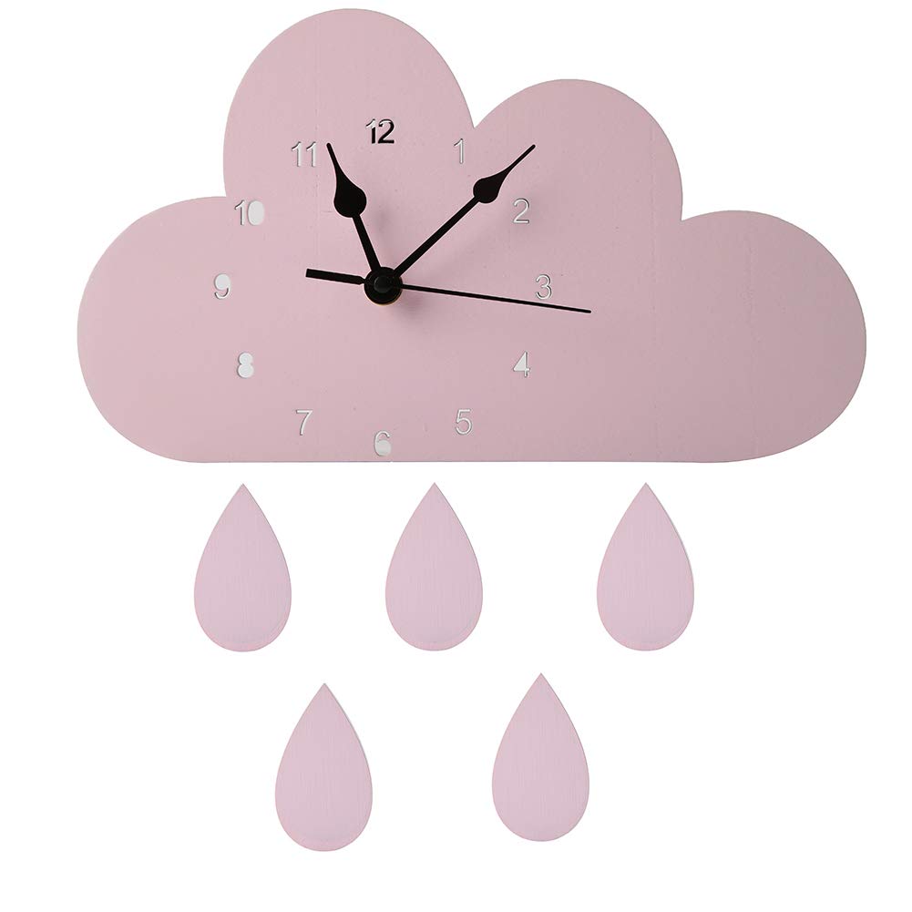 Wall Clock, Lovely Nordic Style Wooden Cloud Raindrop Shaped Non-Ticking Wall Clock for Nursery Kids Room Decoration Pink