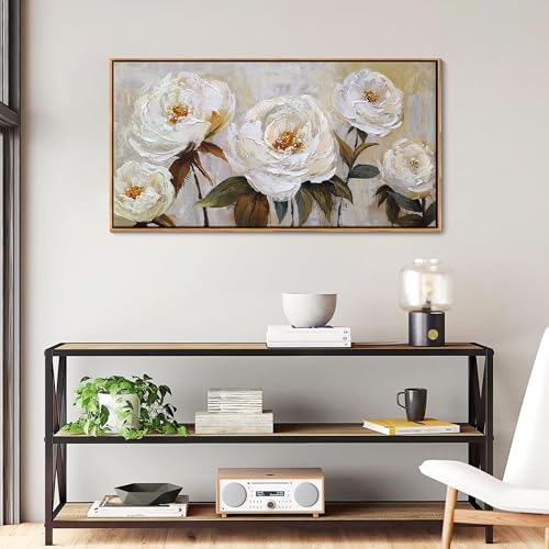 Image of Flower Canvas Wall Art Textured Floral Picture Wall Decor White Large Elegant Painting for Living Room Modern Artwork for Home Decor Pictures for Bedroom Wall Decor 20x40IN