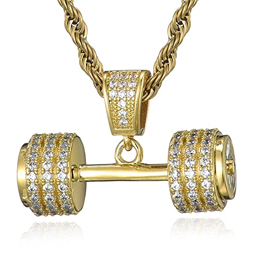 ASkinds Diamond Dumbbell Necklace Crystal Barbell Pendant Necklace Fitness Gym Weight Lifting Necklace for Men Women(Gold)