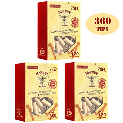 HORNET Unbleached Pre-Rolled Tips, Unrefined and Raw Cigarette Filters, Ø7mm Slim Rolling Paper Tips (360 Tips)