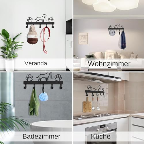yupeuooe Hundegarderobe mit 5 Haken, Hunde Garderobe Schlüsselhalter Aus Metall, Hundeleinenhalter Wand Mit Hunde Und Pfotenabdrücken, Hundeleinenhalter für Halsband und Hundezubehör, 32x15cm