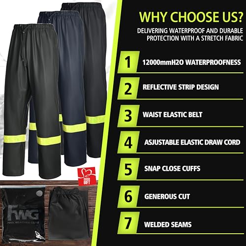 FWG Men’s Safety Rain Pants-Waterproof Heavy Duty Workwear with Reflective Tape for Outdoor Work(Blue-reflective, L)